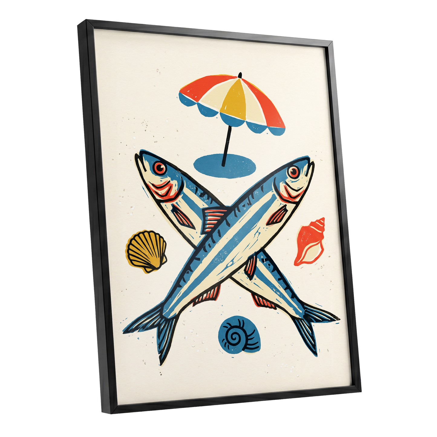Crossed Tides, blue, beige, red nature wall art shown as a black framed poster wall art print