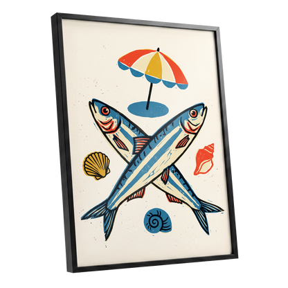 Crossed Tides, blue, beige, red nature wall art shown as a black framed poster wall art print
