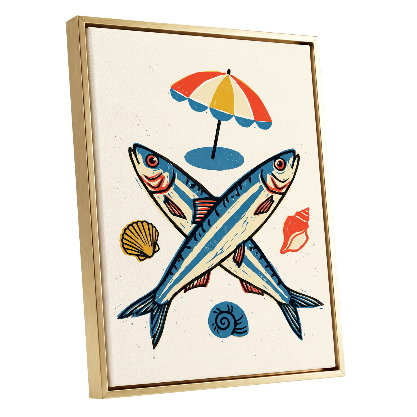 Crossed Tides, blue, beige, red nature wall art shown as a gold framed canvas wall art
