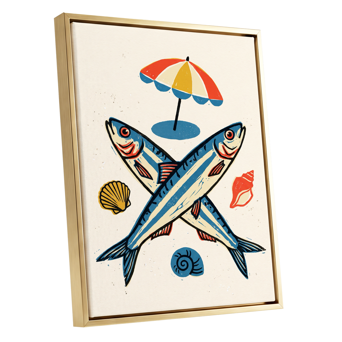 Crossed Tides, blue, beige, red nature wall art shown as a gold framed canvas wall art