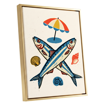 Crossed Tides, blue, beige, red nature wall art shown as a gold framed canvas wall art