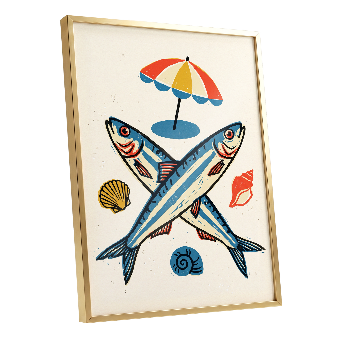 Crossed Tides, blue, beige, red nature wall art shown as a gold framed poster wall art print