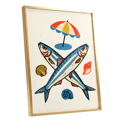 Crossed Tides, blue, beige, red nature wall art shown as a gold framed poster wall art print