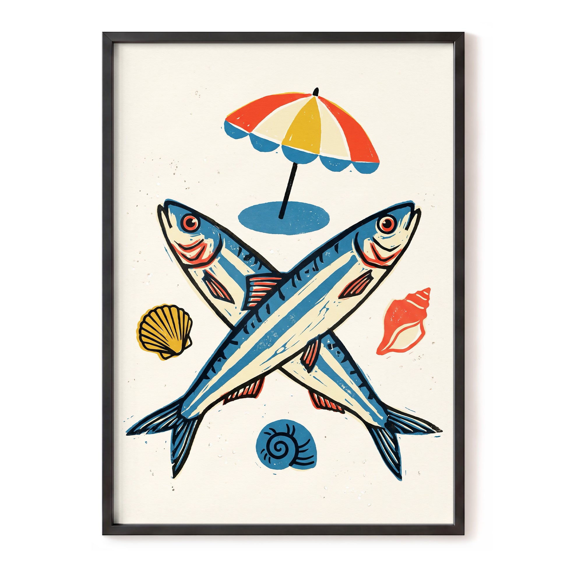 Crossed Tides, blue, beige, red nature wall art, front artwork view