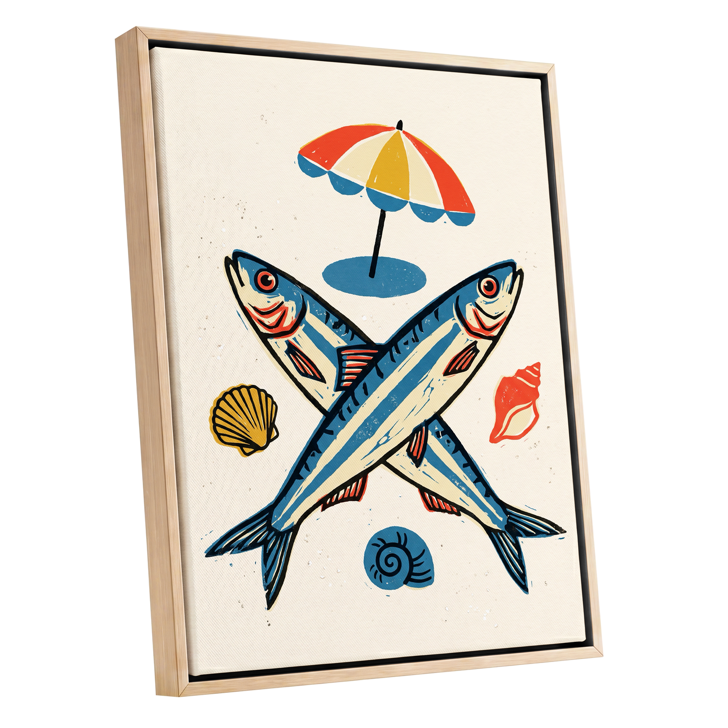 Crossed Tides, blue, beige, red nature wall art shown as a oak framed canvas wall art