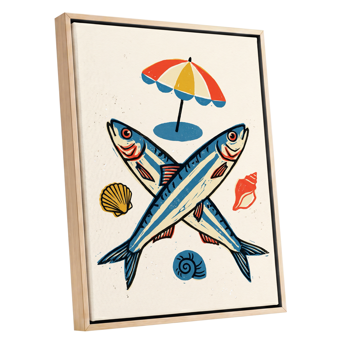 Crossed Tides, blue, beige, red nature wall art shown as a oak framed canvas wall art