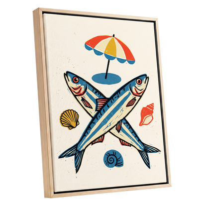 Crossed Tides, blue, beige, red nature wall art shown as a oak framed canvas wall art