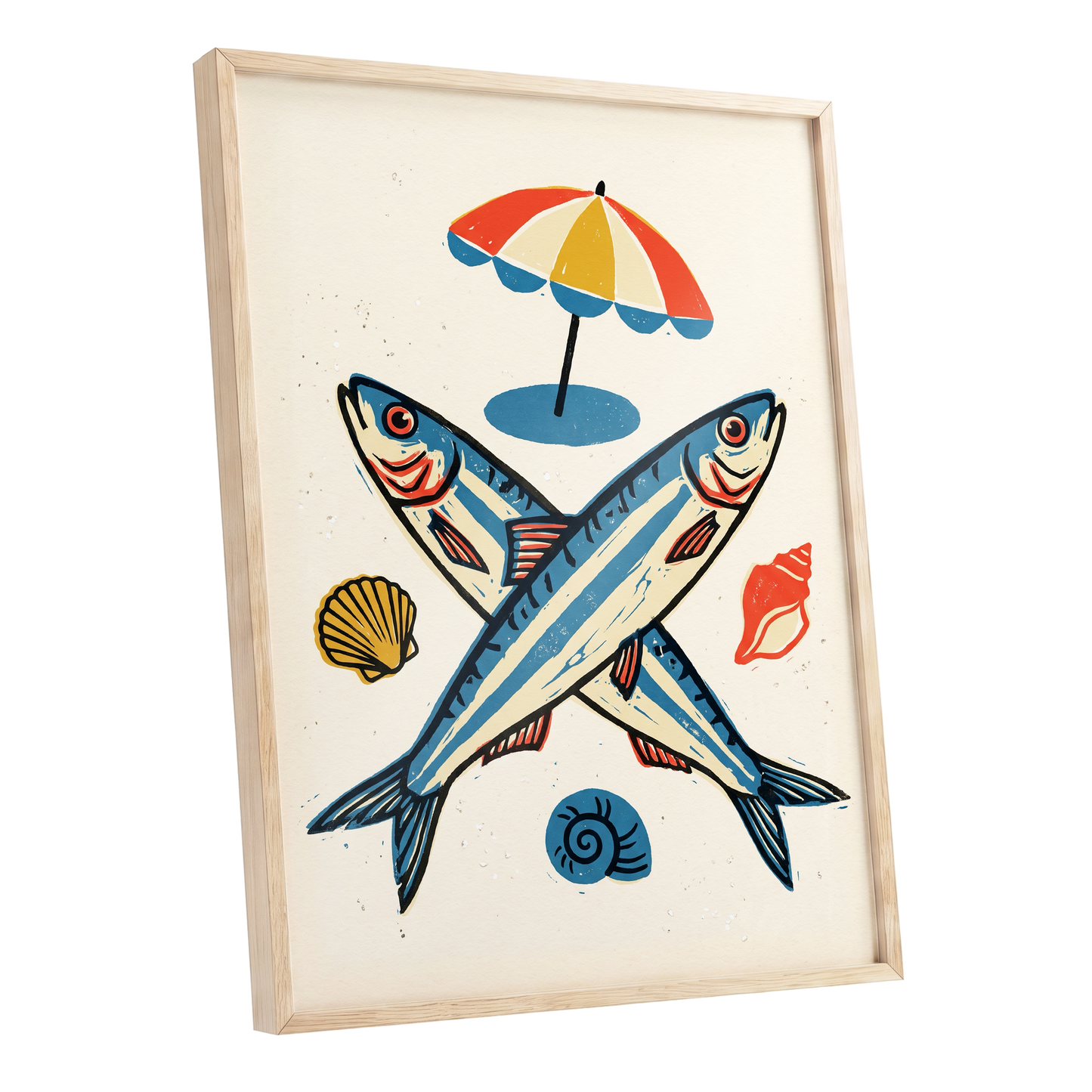 Crossed Tides, blue, beige, red nature wall art shown as a oak framed poster wall art print