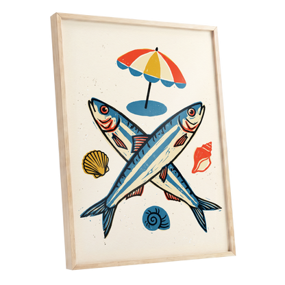 Crossed Tides, blue, beige, red nature wall art shown as a oak framed poster wall art print