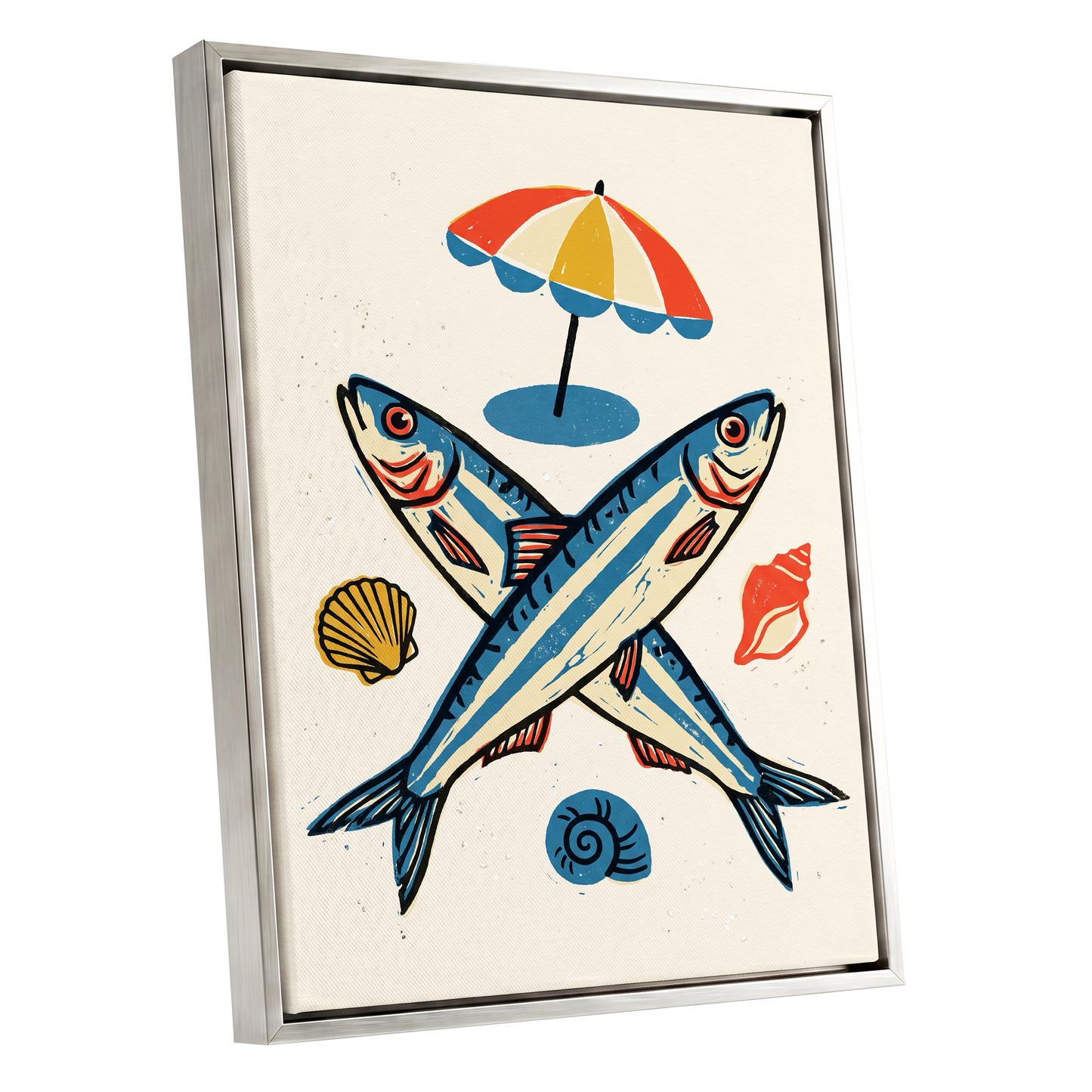 Crossed Tides, blue, beige, red nature wall art shown as a silver framed canvas wall art