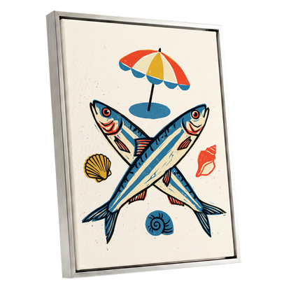 Crossed Tides, blue, beige, red nature wall art shown as a silver framed canvas wall art