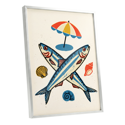 Crossed Tides, blue, beige, red nature wall art shown as a silver framed poster wall art print