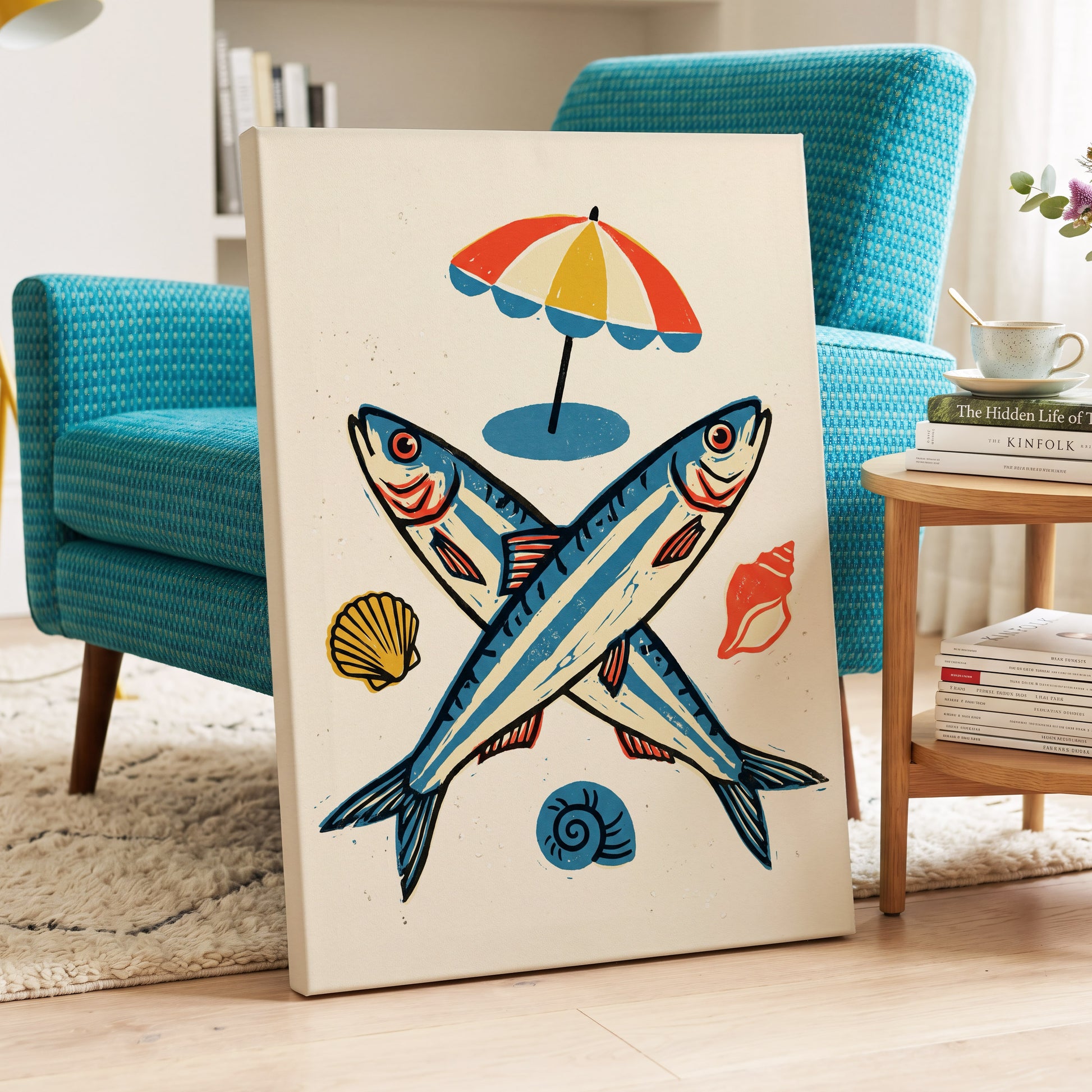 Crossed Tides, blue, beige, red nature wall art displayed in a styled interior, gallery view 3