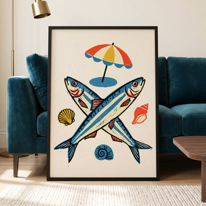Crossed Tides, blue, beige, red nature wall art displayed in a styled interior, gallery view 6