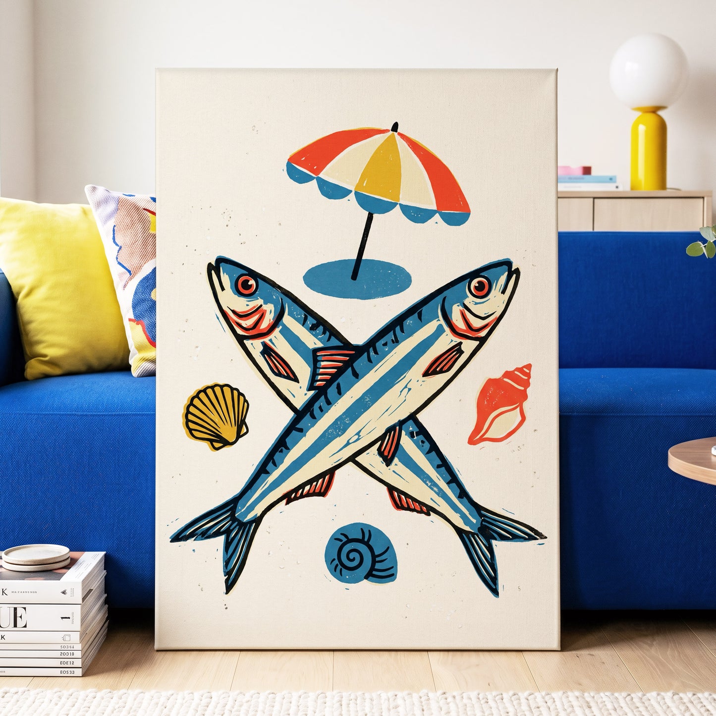 Crossed Tides, blue, beige, red nature wall art displayed in a styled interior, gallery view 7