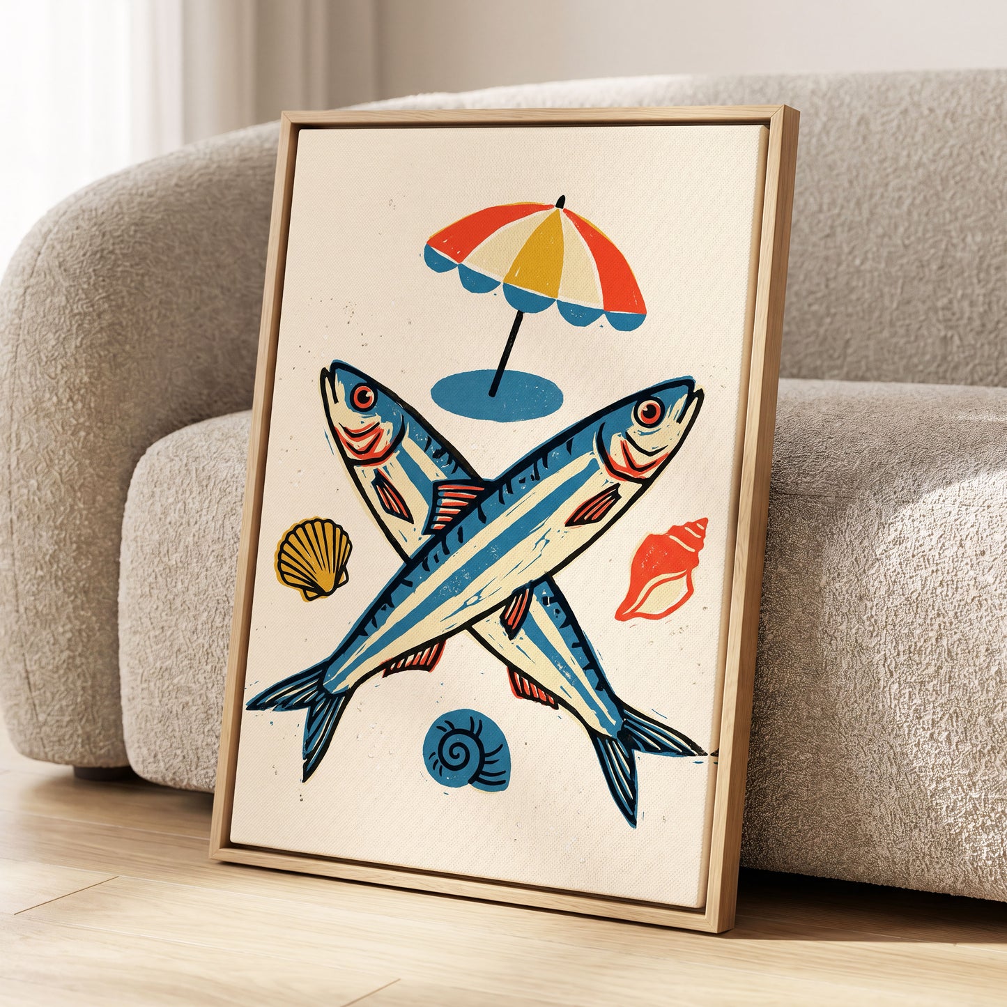 Crossed Tides, blue, beige, red nature wall art displayed in a styled interior, gallery view 8