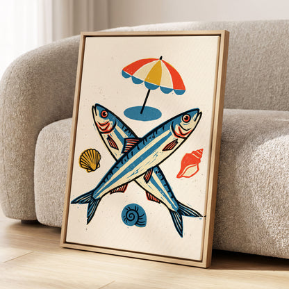Crossed Tides, blue, beige, red nature wall art displayed in a styled interior, gallery view 8