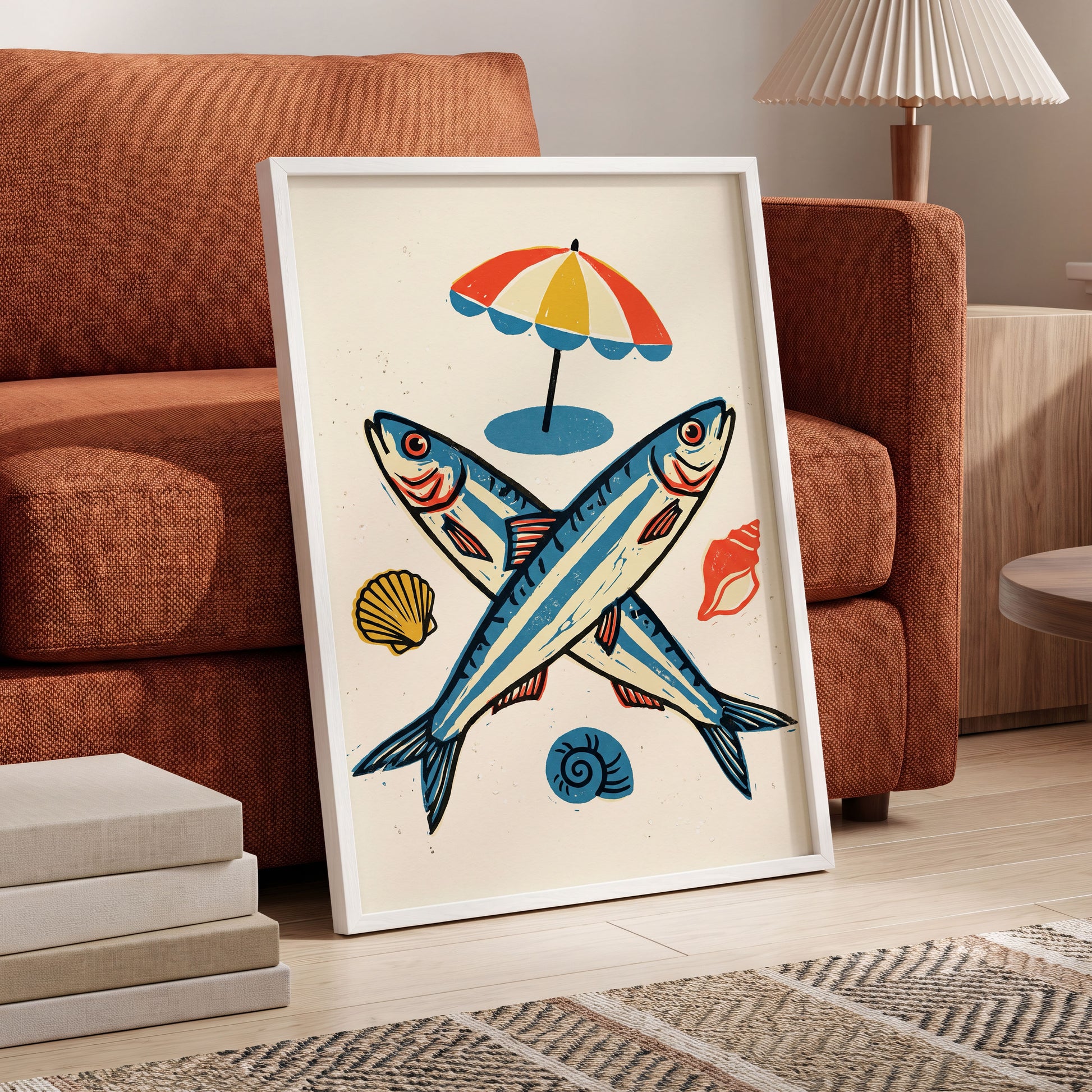 Crossed Tides, blue, beige, red nature wall art displayed in a styled interior, gallery view 9
