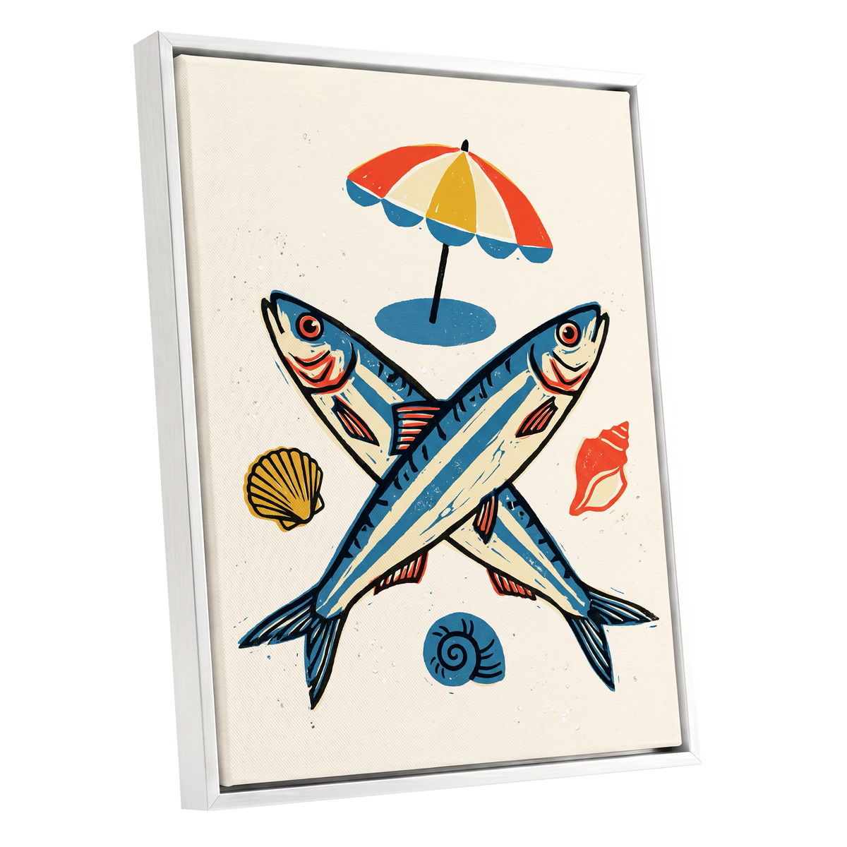 Crossed Tides, blue, beige, red nature wall art shown as a white framed canvas wall art