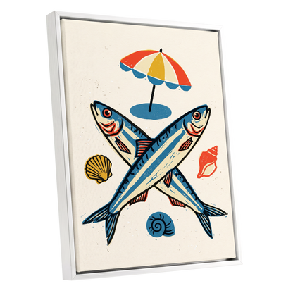 Crossed Tides, blue, beige, red nature wall art shown as a white framed canvas wall art