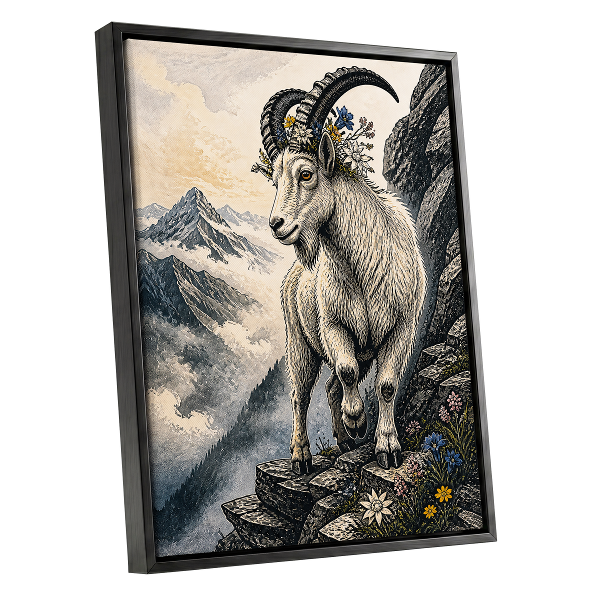 Crowned Above the Clouds, black, beige, gray nature wall art shown as a black framed canvas wall art