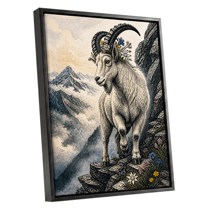 Crowned Above the Clouds, black, beige, gray nature wall art shown as a black framed canvas wall art