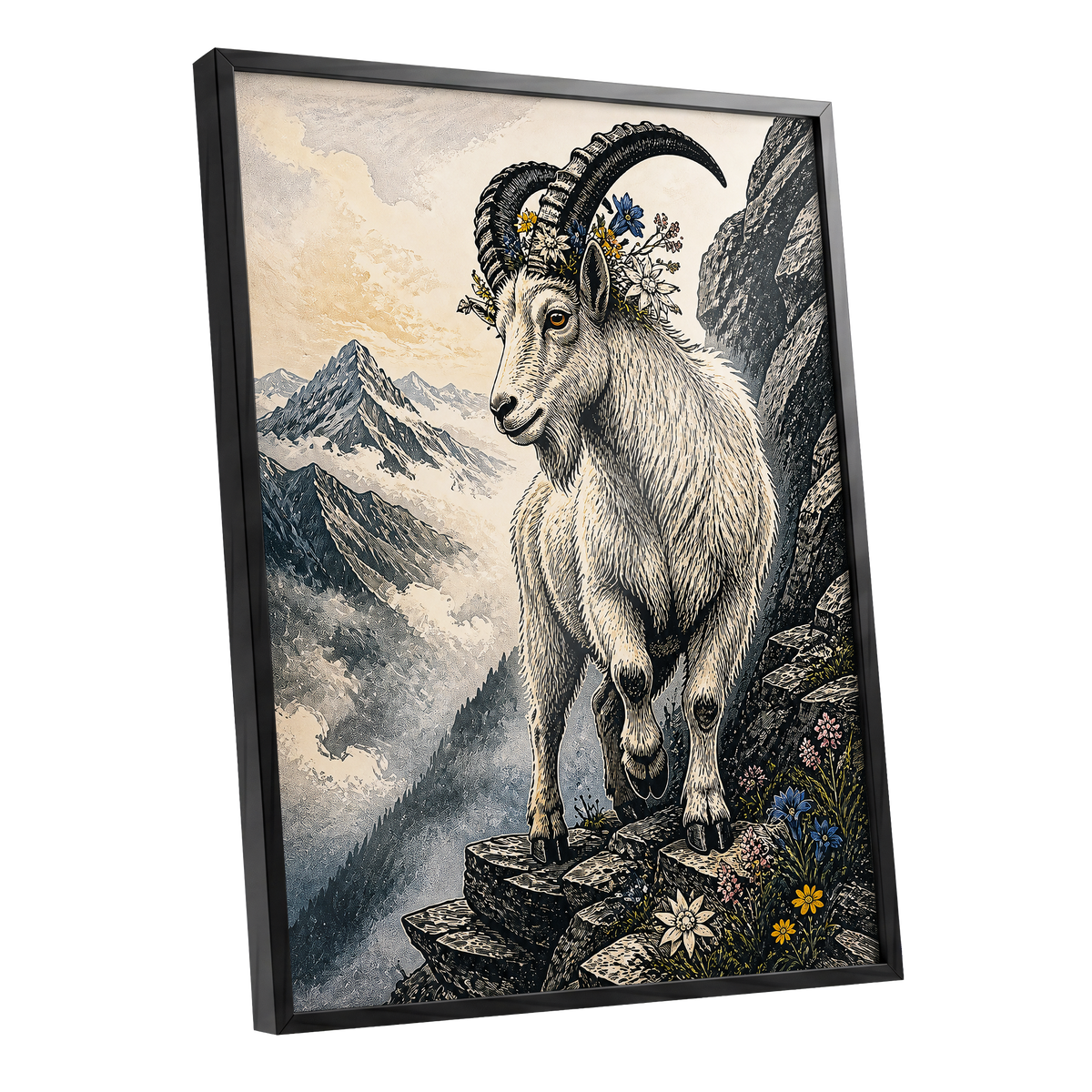 Crowned Above the Clouds, black, beige, gray nature wall art shown as a black framed poster wall art print