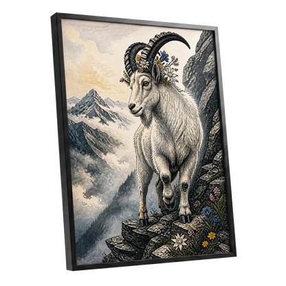 Crowned Above the Clouds, black, beige, gray nature wall art shown as a black framed poster wall art print