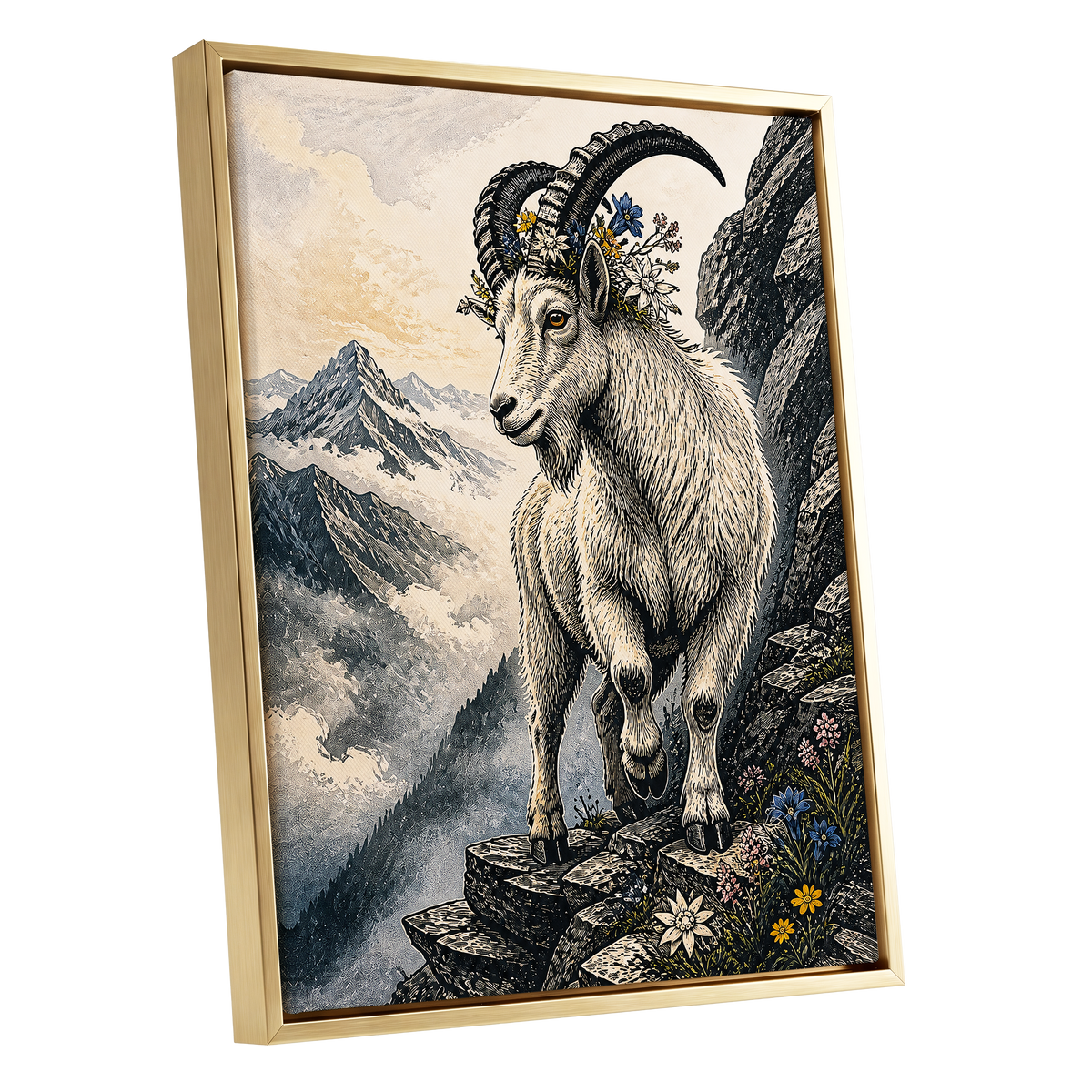 Crowned Above the Clouds, black, beige, gray nature wall art shown as a gold framed canvas wall art