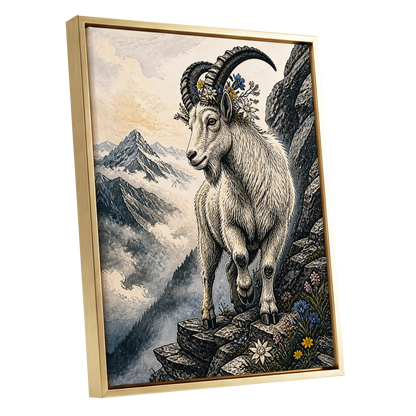 Crowned Above the Clouds, black, beige, gray nature wall art shown as a gold framed canvas wall art