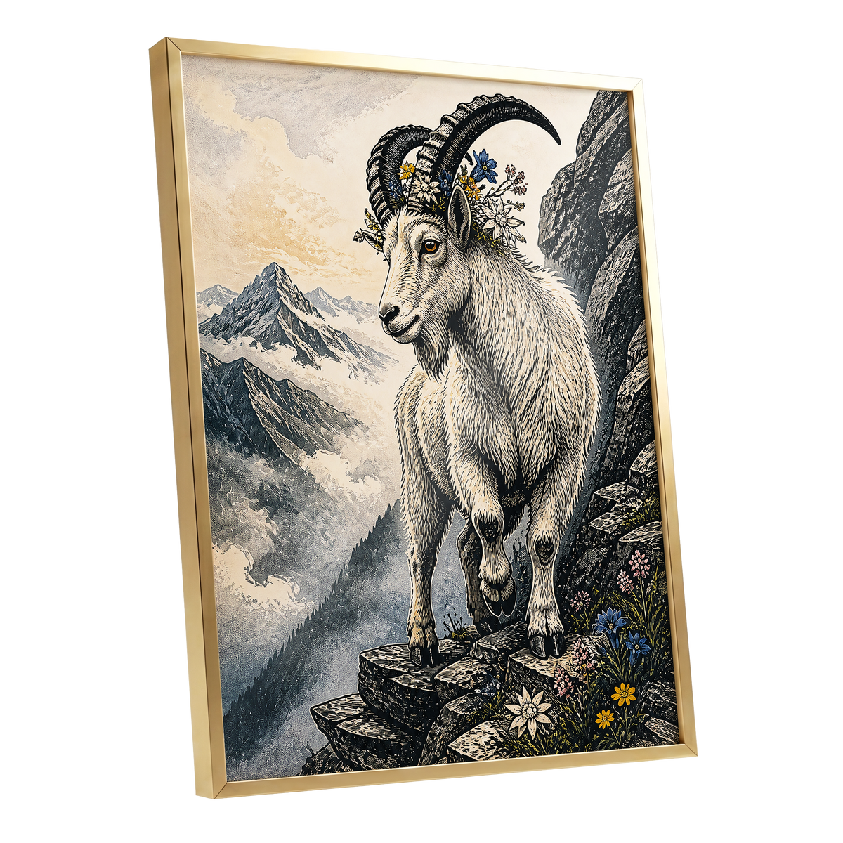 Crowned Above the Clouds, black, beige, gray nature wall art shown as a gold framed poster wall art print