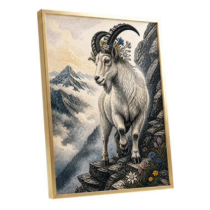 Crowned Above the Clouds, black, beige, gray nature wall art shown as a gold framed poster wall art print