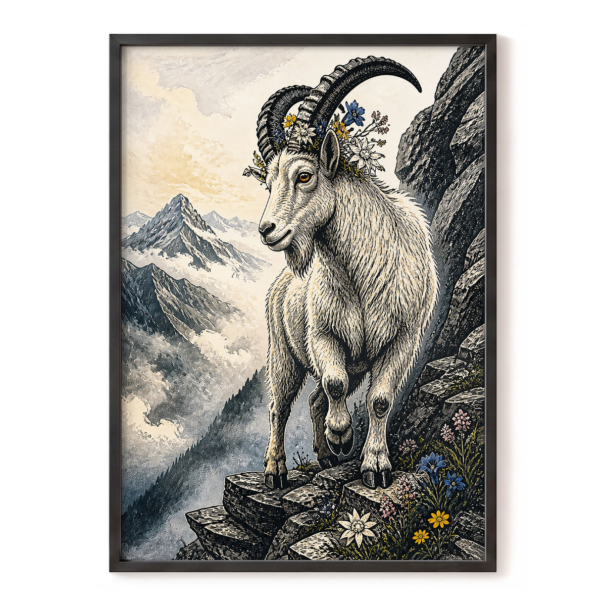 Crowned Above the Clouds, black, beige, gray nature wall art, front artwork view