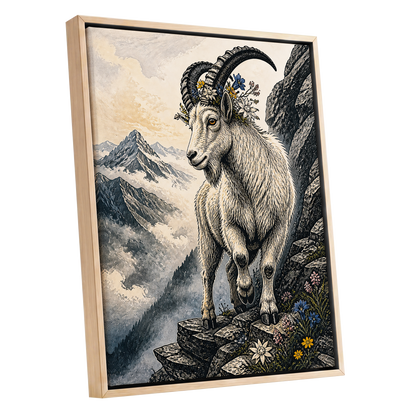 Crowned Above the Clouds, black, beige, gray nature wall art shown as a oak framed canvas wall art