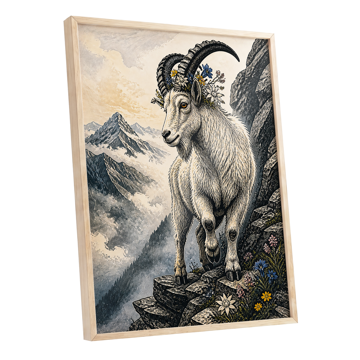 Crowned Above the Clouds, black, beige, gray nature wall art shown as a oak framed poster wall art print