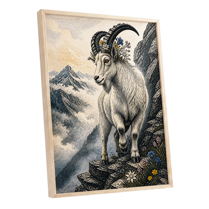Crowned Above the Clouds, black, beige, gray nature wall art shown as a oak framed poster wall art print