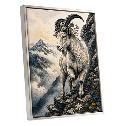 Crowned Above the Clouds, black, beige, gray nature wall art shown as a silver framed canvas wall art