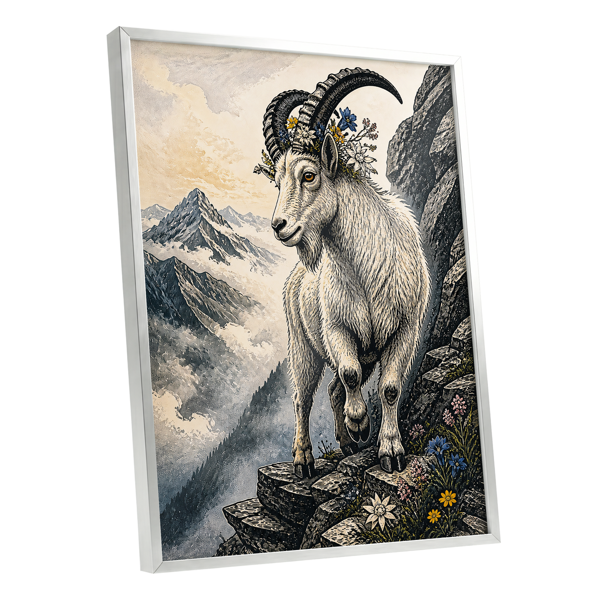 Crowned Above the Clouds, black, beige, gray nature wall art shown as a silver framed poster wall art print