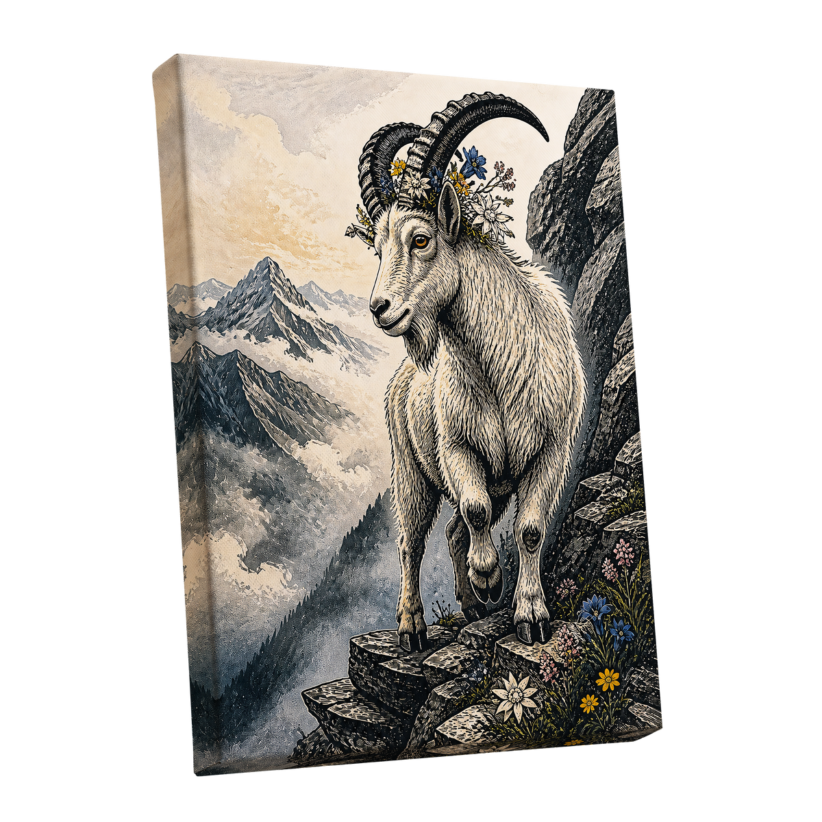 Crowned Above the Clouds, black, beige, gray nature wall art shown as a stretched canvas wall art