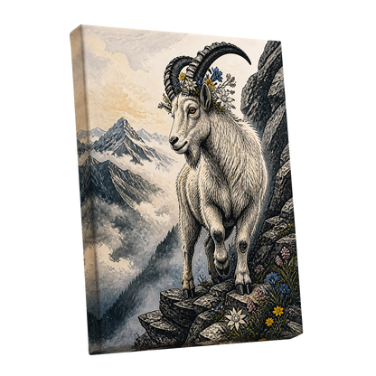 Crowned Above the Clouds, black, beige, gray nature wall art shown as a stretched canvas wall art