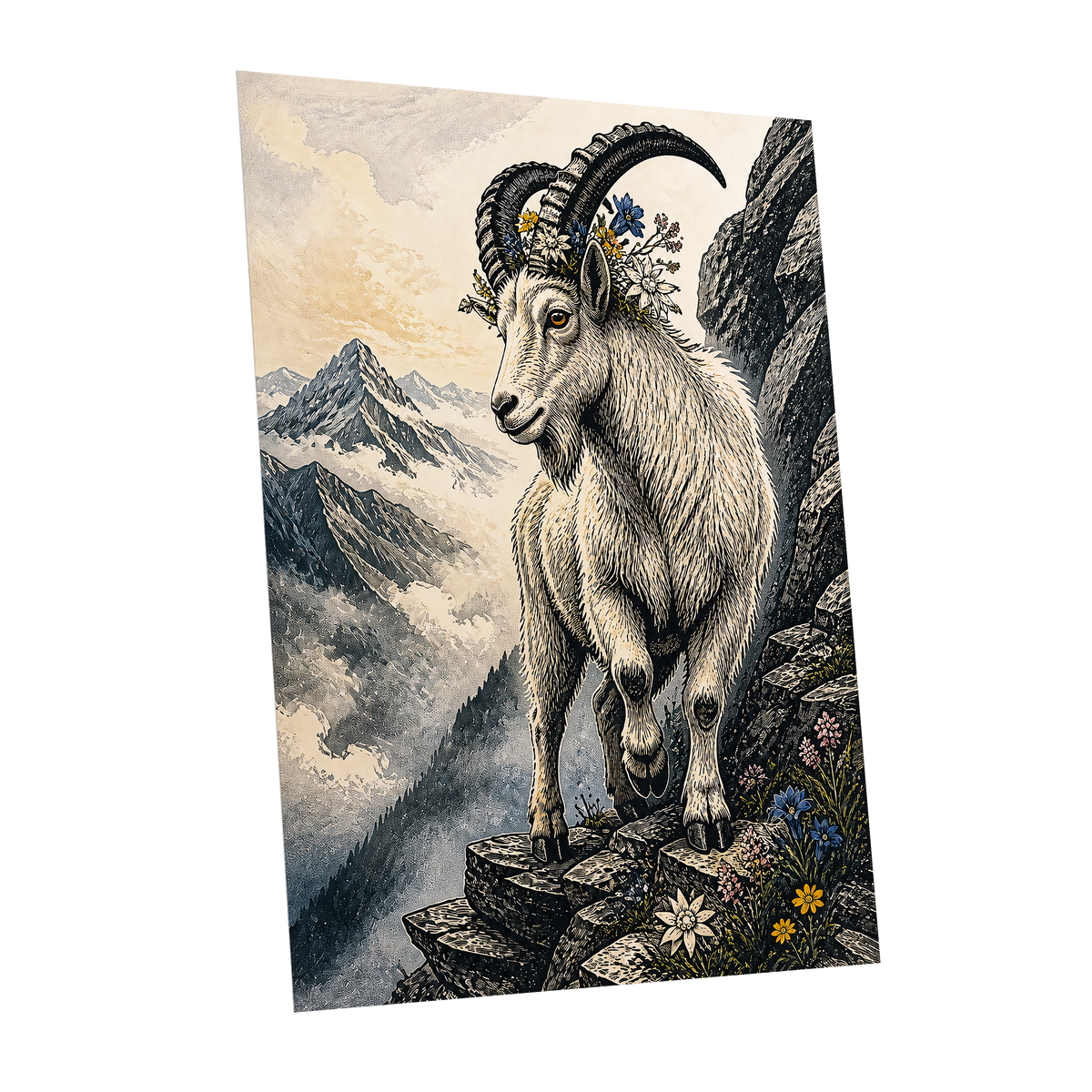 Crowned Above the Clouds, black, beige, gray nature wall art shown as a unframed poster wall art print