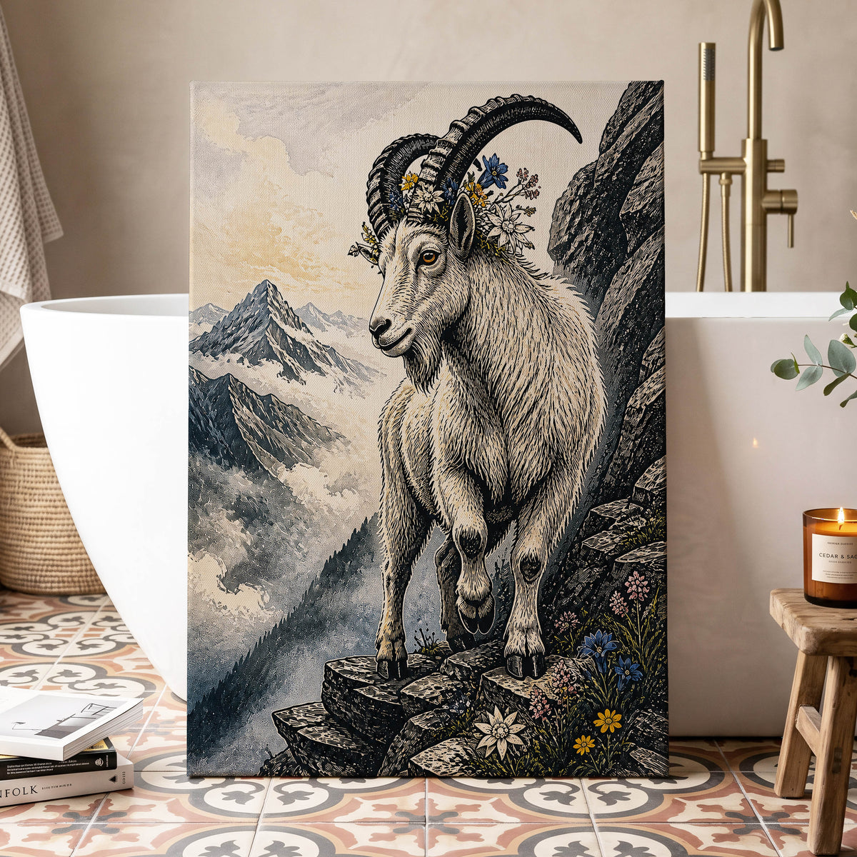 Crowned Above the Clouds, black, beige, gray nature wall art displayed in a styled interior, gallery view 3
