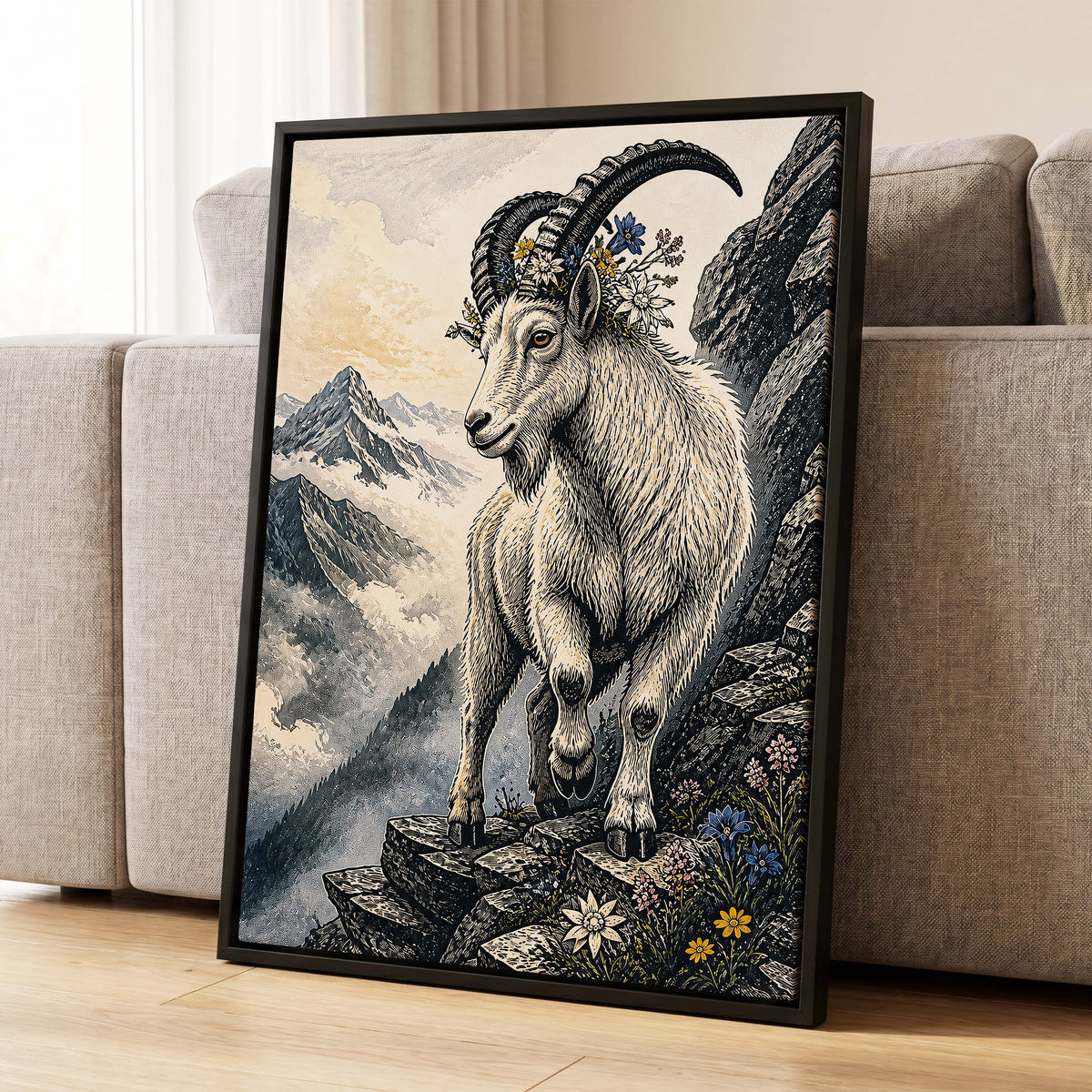 Crowned Above the Clouds, black, beige, gray nature wall art displayed in a styled interior, gallery view 4