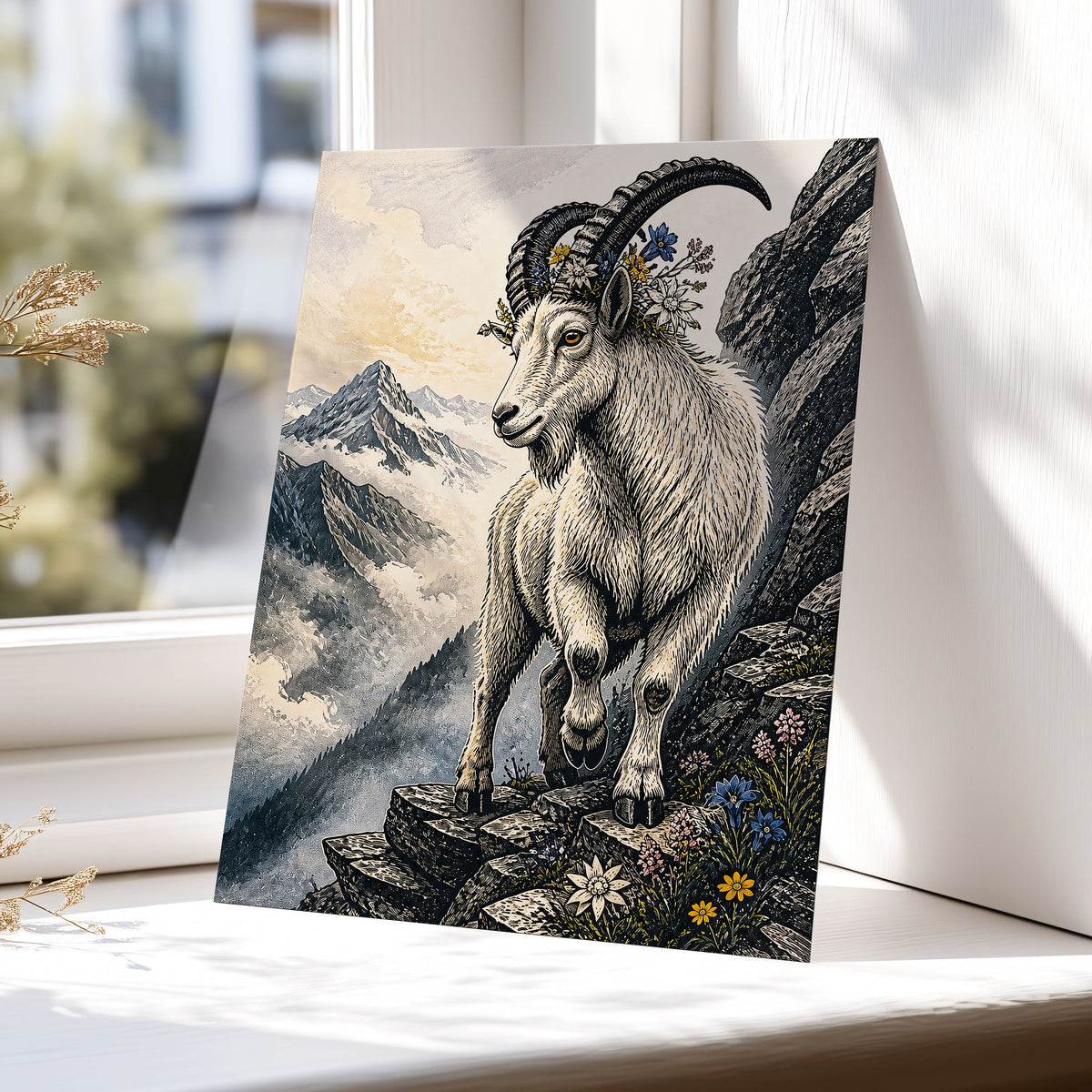 Crowned Above the Clouds, black, beige, gray nature wall art displayed in a styled interior, gallery view 5