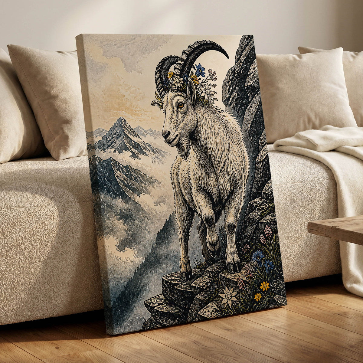 Crowned Above the Clouds, black, beige, gray nature wall art displayed in a styled interior, gallery view 7