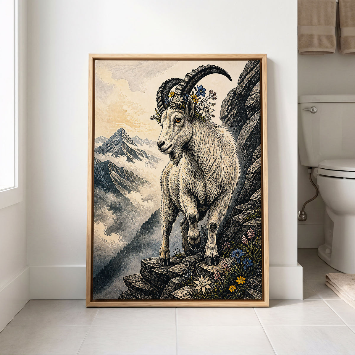 Crowned Above the Clouds, black, beige, gray nature wall art displayed in a styled interior, gallery view 8
