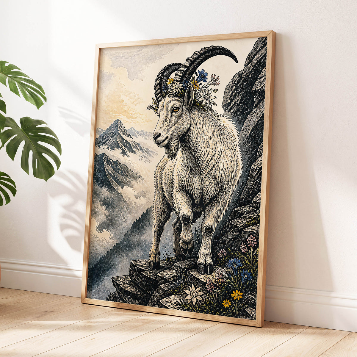 Crowned Above the Clouds, black, beige, gray nature wall art displayed in a styled interior, gallery view 9