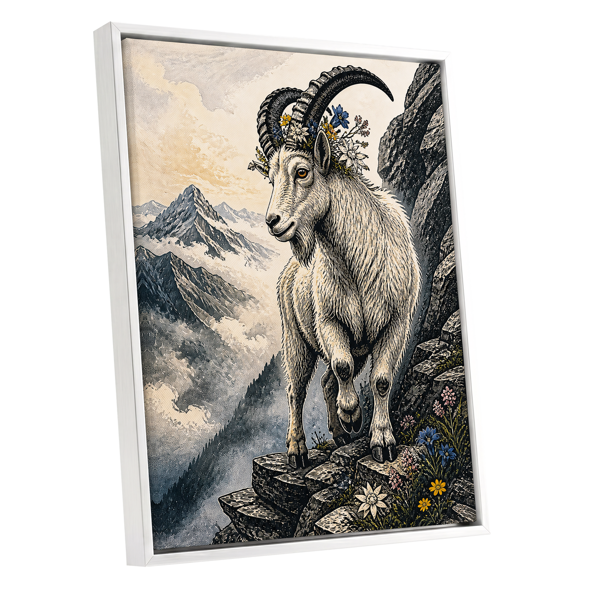 Crowned Above the Clouds, black, beige, gray nature wall art shown as a white framed canvas wall art