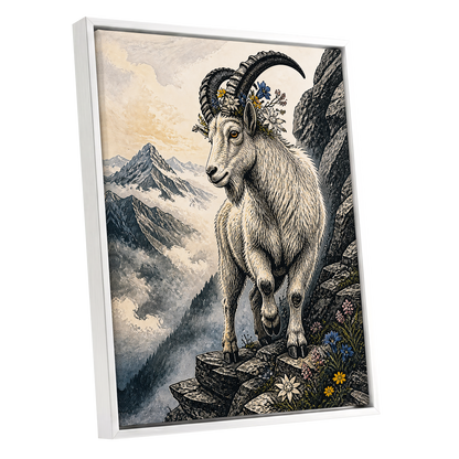 Crowned Above the Clouds, black, beige, gray nature wall art shown as a white framed canvas wall art