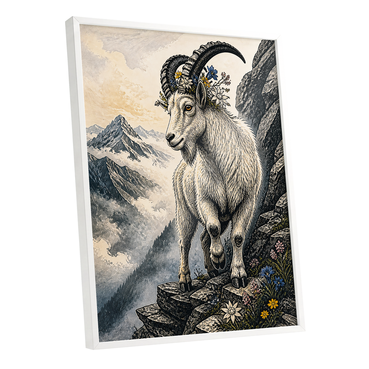 Crowned Above the Clouds, black, beige, gray nature wall art shown as a white framed poster wall art print